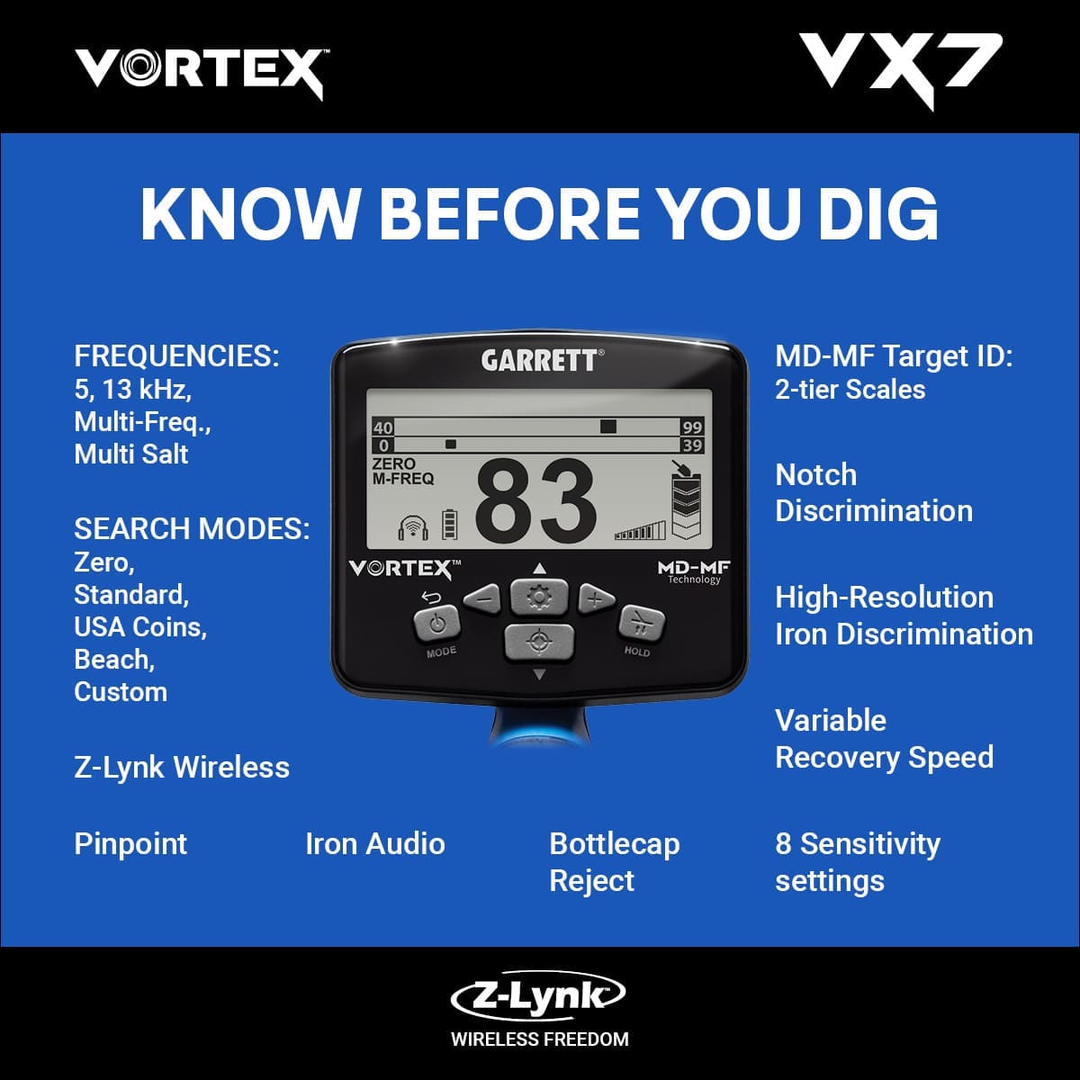 İstanbul Garrett Vortex VX7 Dedektör - VX7 hedef ID ekranı, iki katmanlı MD-MF okuma ile demir ve iletken hedefleri ayırmaya yardım eder.
